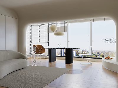 Modern Dining Living Room Interior With Sofa Dining Table Large Windows And City View 3d model