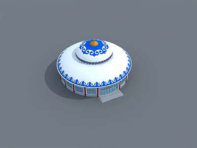 Traditional Mongolian Yurt With White Exterior Blue Patterns And Golden Top 3d model