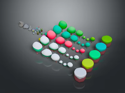 Colorful Wooden And Stone Round Objects With Various Sizes Arranged On Reflective Base 3d model