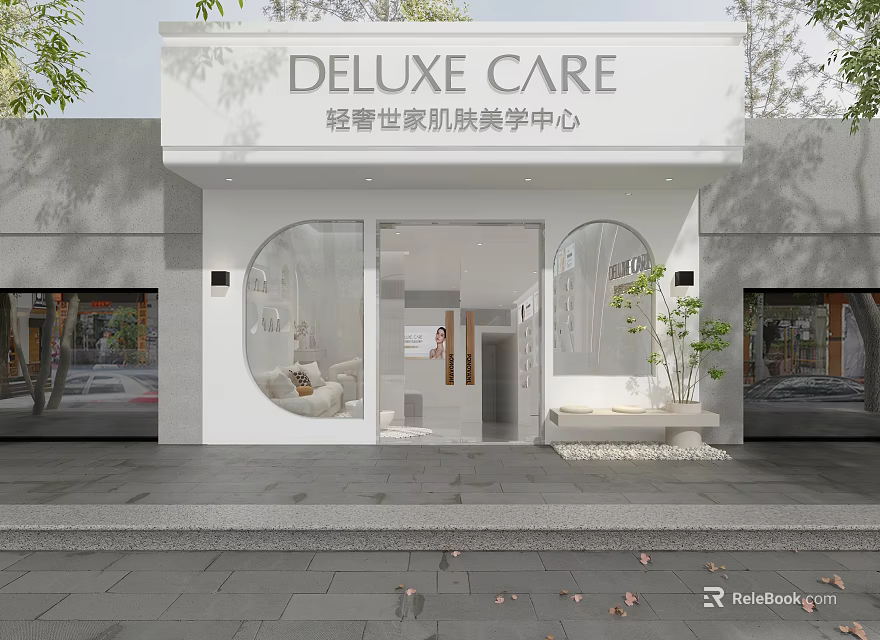 Deluxe Skin Aesthetic Beauty Center Modern Exterior Design With Glass Entrance and Green Plants 3d model 