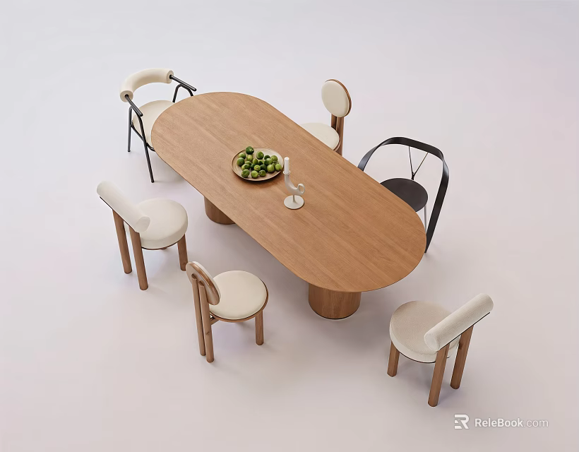 Oval Wooden Dining Table Set with Upholstered White Black Chairs and Fruit Bowl Glass 3d model 