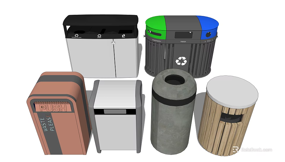 Public Trash Bins with Various Colors Materials and Recycling Designs 3d model 