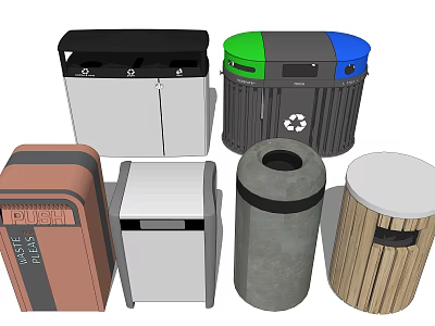 Public Trash Bins with Various Colors Materials and Recycling Designs 3d model