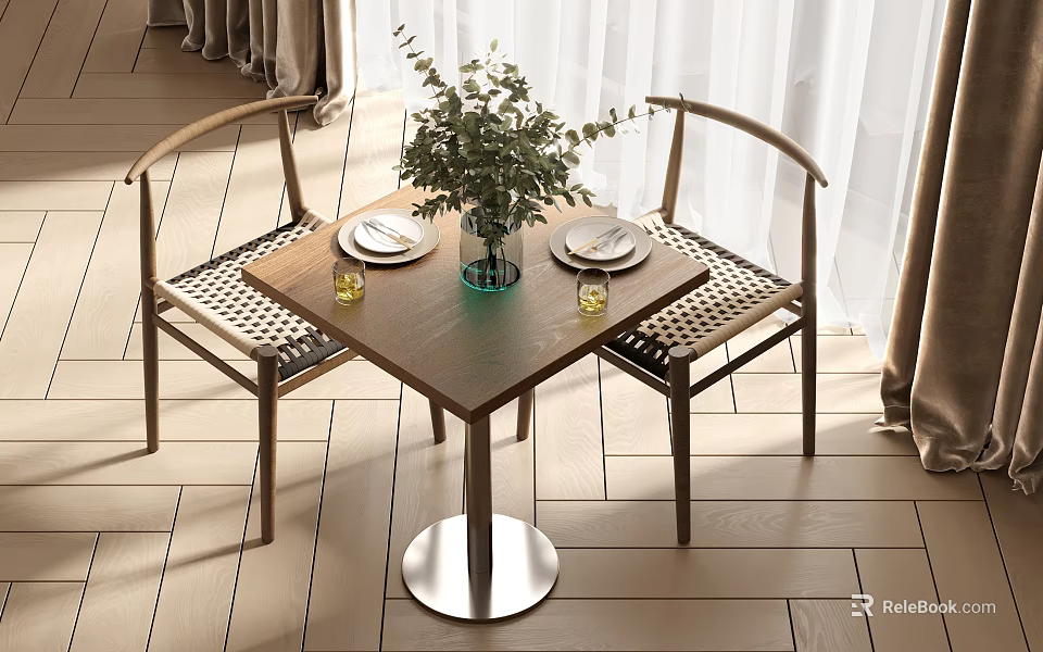 Stylish Dining Table Set With Arched Back Chairs Green Plant Plates Glasses And Wooden Floor 3d model 