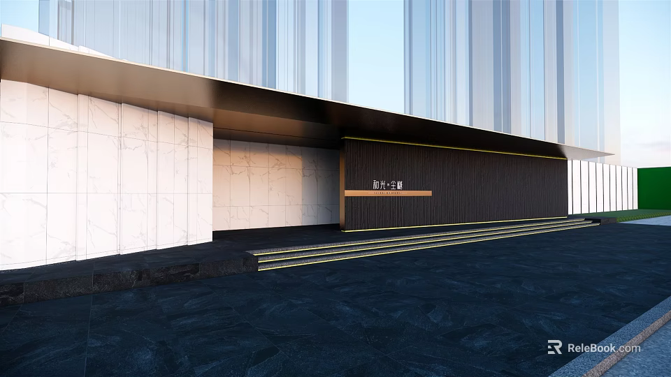 Modern Entrance Gate Design With Marble Walls Black Panel And Yellow Stripes 3d model 
