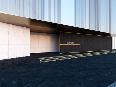 Modern Entrance Gate Design With Marble Walls Black Panel And Yellow Stripes 3d model