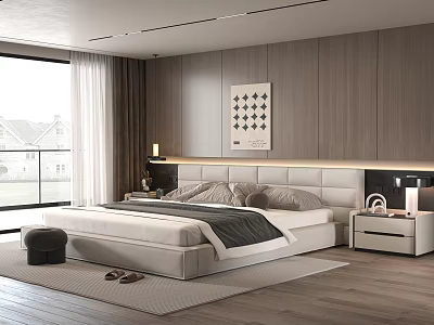 Modern Double Bed Interior Design With Upholstered Headboard Wooden Wall Panels Nightstand And Table Lamp 3d model
