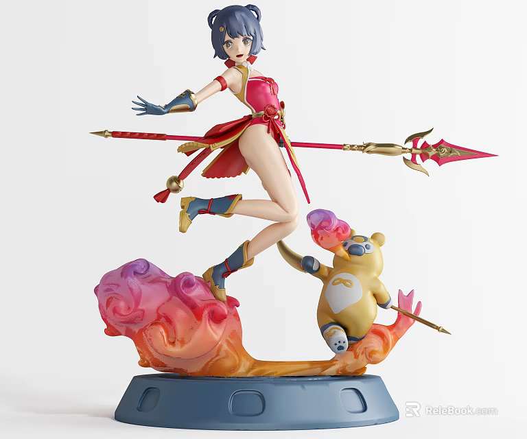 Anime Female Figure With Red Outfit and Spear Yellow Bear Companion on Cloud Flame Base 3d model 