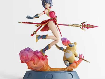 Anime Female Figure With Red Outfit and Spear Yellow Bear Companion on Cloud Flame Base 3d model