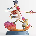 Anime Female Figure With Red Outfit and Spear Yellow Bear Companion on Cloud Flame Base