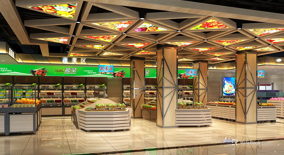 Supermarket Grocery Store Fresh Vegetables Display Shelves With Modern Decorative Ceiling And Bright Atmosphere 3d model 