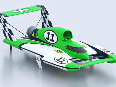Green And White Racing Speedboat With Number 11 Logo And Checkered Pattern Cockpit 3d model