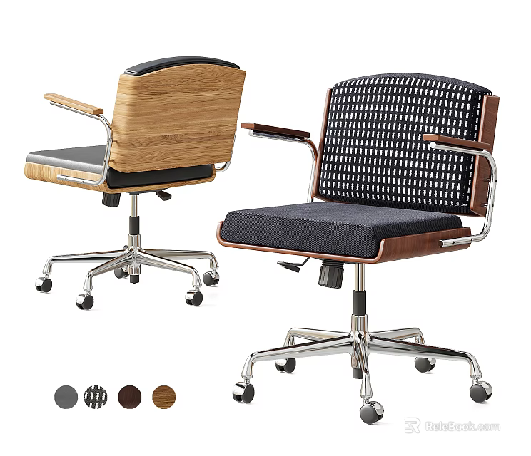 Modern Adjustable Swivel Office Chair With Wooden Frame Soft Padded Seat And Rolling Casters 3d model 