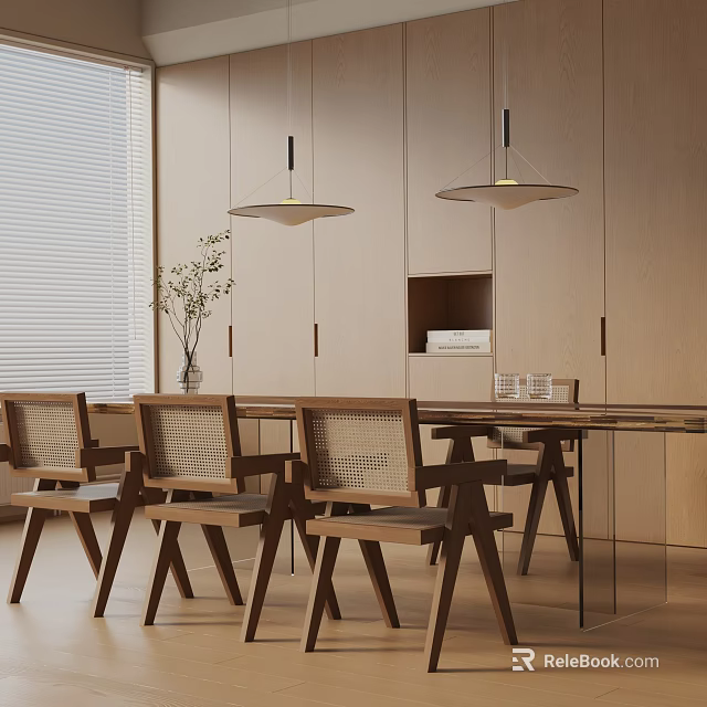 Modern Dining Table Set With Woven Backrest Wooden Chairs Glass Top And Pendant Lights 3d model 