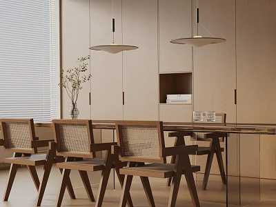 Modern Dining Table Set With Woven Backrest Wooden Chairs Glass Top And Pendant Lights 3d model