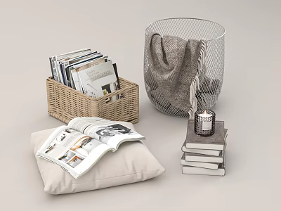 Cozy Home Decor Featuring Wicker Basket Magazines Blanket And Candle 3d model