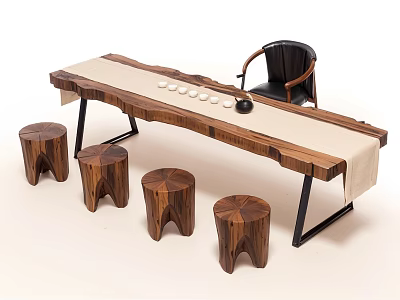 Long Wooden Coffee Table With Black Metal Legs Light Fabric And Wooden Stools 3d model