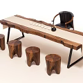 Long Wooden Coffee Table With Black Metal Legs Light Fabric And Wooden Stools