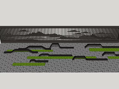 Modern Garden Screen Wall With Hollowed Mountain Pattern And Gravel Ground Green Plants 3d model
