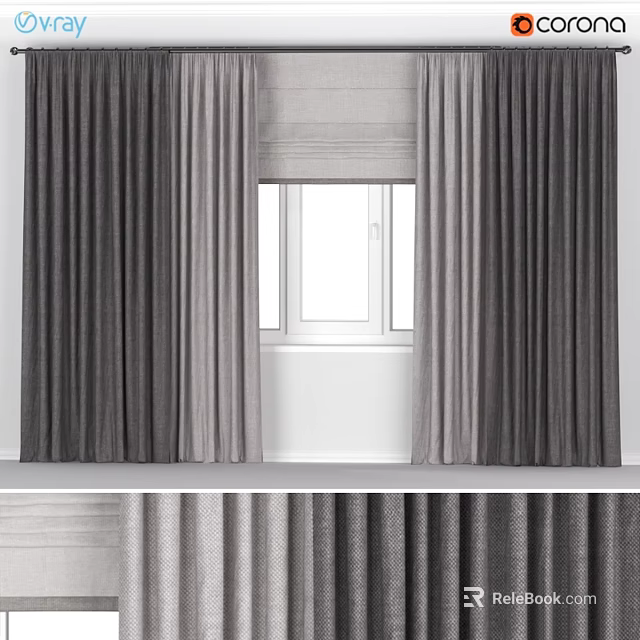 Modern Dark And Light Gray Curtains With Roman Shade For Window Interior 3d model 