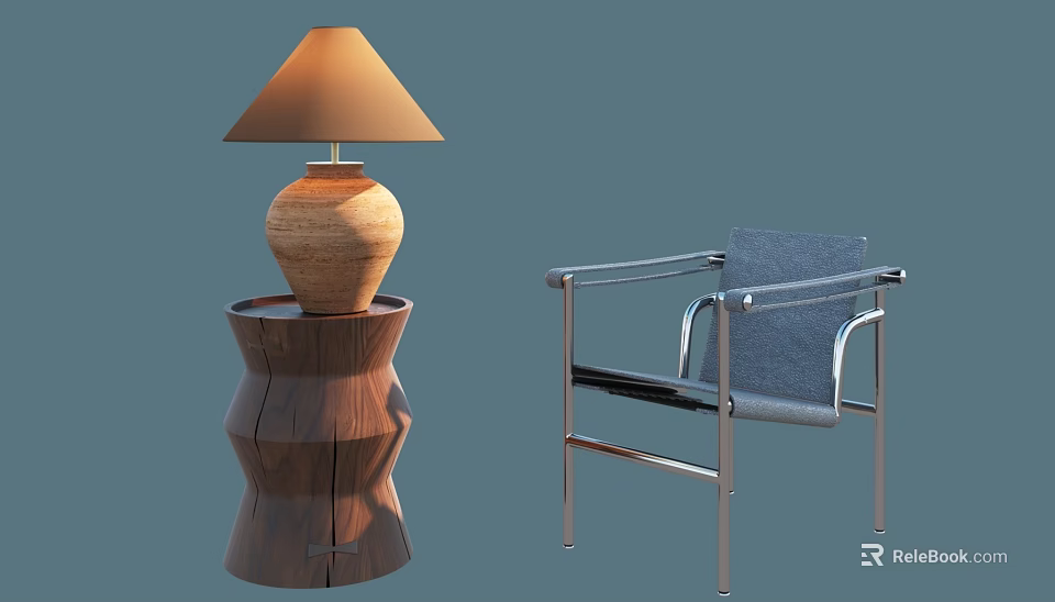 Modern Leisure Chair with Metal Frame and Gray Cushion Alongside Wooden Side Table and Lamp 3d model 