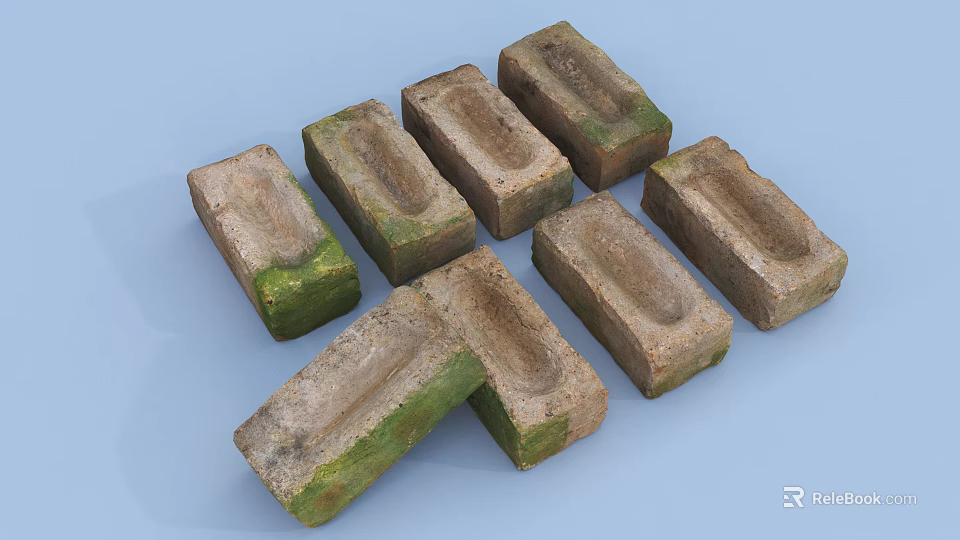Weathered Stone Bricks With Green Moss For Rustic Building Materials 3d model 