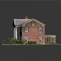 Red Brick Detached Villa With White Columned Porch Gray Roof Chimney And Green Shrubs