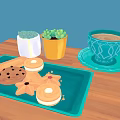 Assorted Star And Round Shaped Cookies On Blue Tray Wooden Table With Coffee And Plants