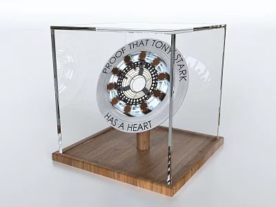 Circular Industrial Device Showcased In Transparent Display Case With Wooden Base And Metal Parts 3d model