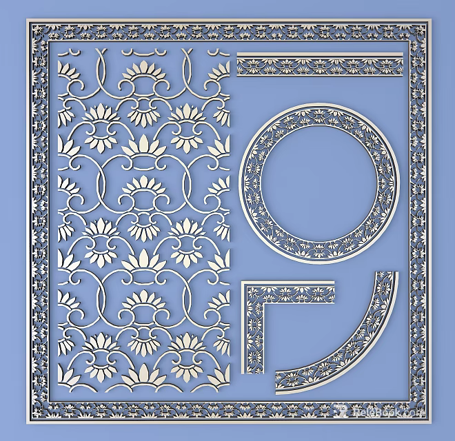 Intricate Carved Ornamental Designs with Floral Patterns Circular Frame and Border Details 3d model 