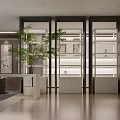 Modern Interior Space With Glass Partitions Display Shelves Green Plants And Wooden Flooring