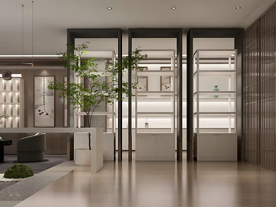 Modern Interior Space With Glass Partitions Display Shelves Green Plants And Wooden Flooring 3d model