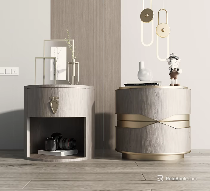 Modern Wooden Bedside Tables With Golden Accents And Decorative Items On Top 3d model 