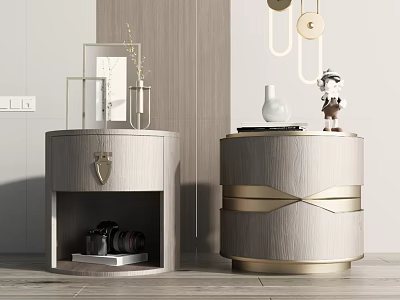 Modern Wooden Bedside Tables With Golden Accents And Decorative Items On Top 3d model