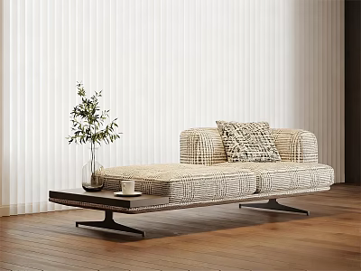 Modern Woven Chaise Lounge Interior With Side Table Green Plant And Wooden Floor 3d model