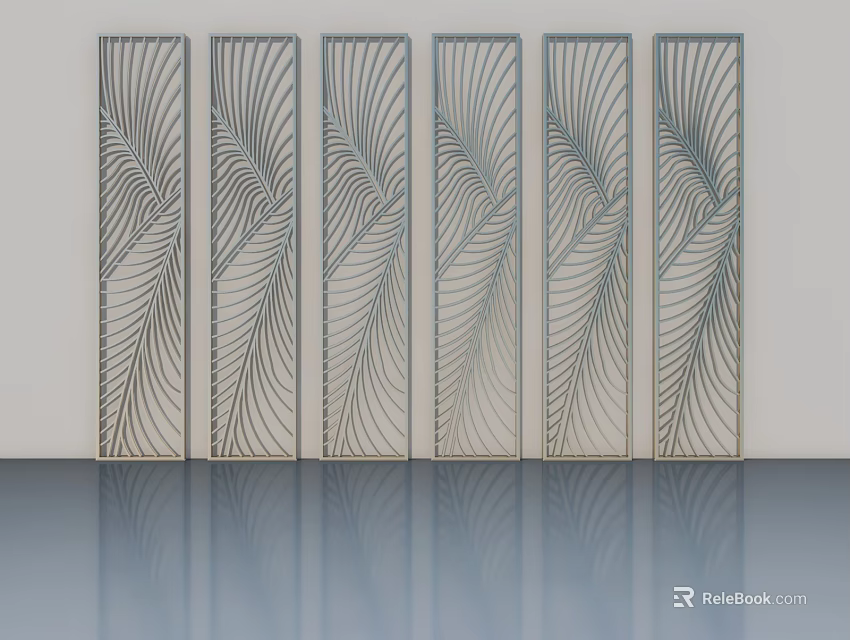 Six Feather Pattern Hinged Doors Neatly Arranged On Light Wall Smooth Floor With Reflection 3d model