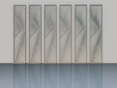 Six Feather Pattern Hinged Doors Neatly Arranged On Light Wall Smooth Floor With Reflection 3d model