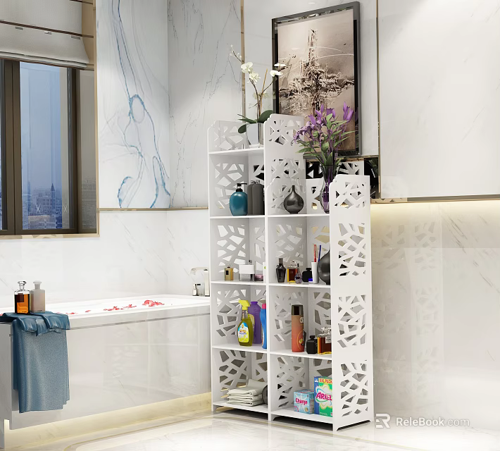 Modern White Carved Decorative Bathroom Storage Shelf With Vases Toiletries And Essentials 3d model 