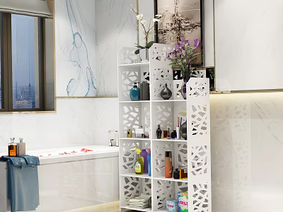 Modern White Carved Decorative Bathroom Storage Shelf With Vases Toiletries And Essentials 3d model