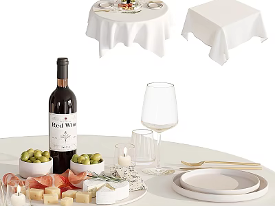 Elegant Decorative Ornament Set With Wine Glass Cheese Olives Candle Plates For Dining Table 3d model