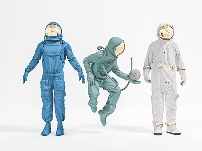 Men in Blue Green and White Astronaut Suits with Various Poses and Moon Model 3d model