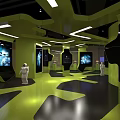 Modern Exhibition Hall Interior With Green Walls Black Flooring Display Screens And Sculptures