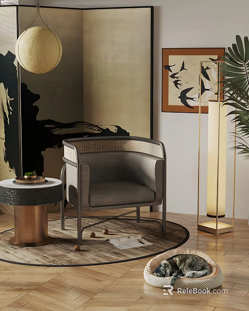 Stylish Modern Accent Chair With Upholstered Seat Metal Frame And Floor Lamp Near Side Table 3d model 