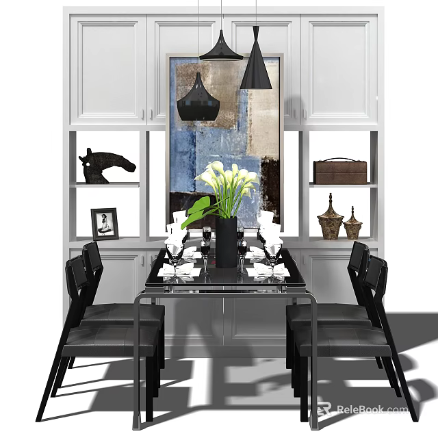 Modern Dining Table Set With Black Chairs White Flowers Vase And Decorative Wall Art 3d model 