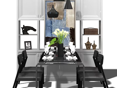 Modern Dining Table Set With Black Chairs White Flowers Vase And Decorative Wall Art 3d model