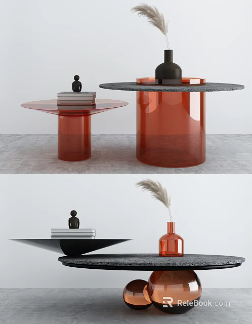 Red Transparent Coffee Table With Cylindrical Base Black Tabletop And Decorative Books Small Statue 3d model
