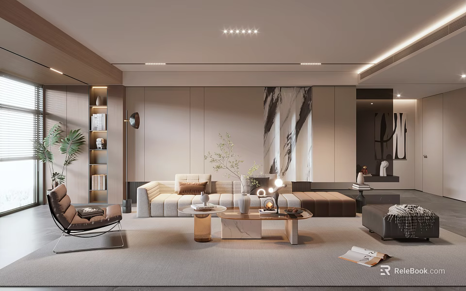Modern Living Room Interior With Neutral Sofa Wooden Coffee Table Abstract Art And Ambient Lighting 3d model 