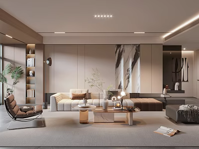 Modern Living Room Interior With Neutral Sofa Wooden Coffee Table Abstract Art And Ambient Lighting 3d model