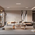 Modern Living Room Interior With Neutral Sofa Wooden Coffee Table Abstract Art And Ambient Lighting