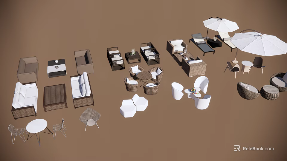 Modern Stylish Outdoor Sofa Collection With Wicker Chairs Table And Umbrella 3d model